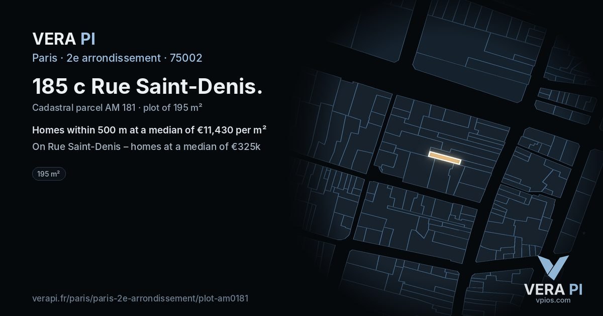 185 c Rue Saint-Denis, 2e arrondissement at night – the plot lit, the parcels around coloured by the prices near them