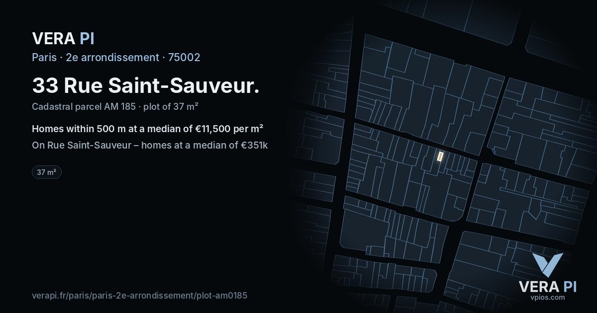 33 Rue Saint-Sauveur, 2e arrondissement at night – the plot lit, the parcels around coloured by the prices near them