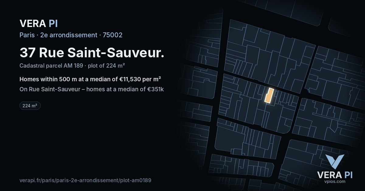37 Rue Saint-Sauveur, 2e arrondissement at night – the plot lit, the parcels around coloured by the prices near them