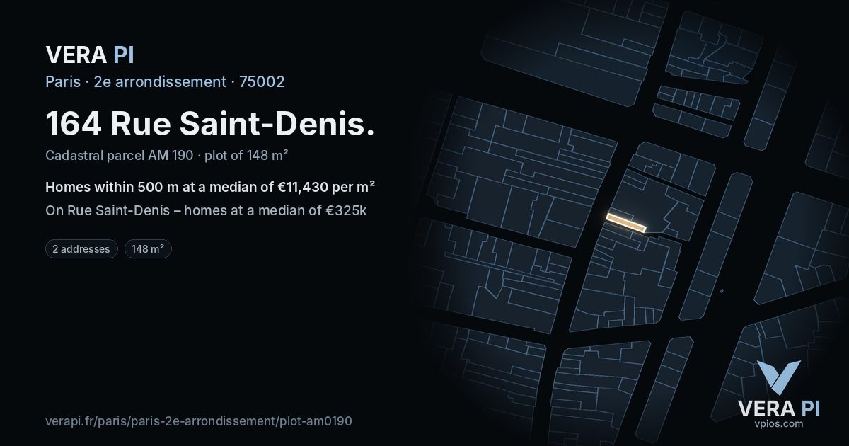 164 Rue Saint-Denis, 2e arrondissement at night – the plot lit, the parcels around coloured by the prices near them