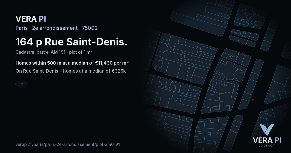 164 p Rue Saint-Denis, 2e arrondissement at night – the plot lit, the parcels around coloured by the prices near them