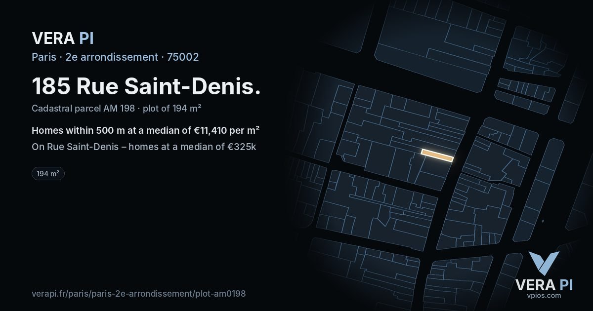 185 Rue Saint-Denis, 2e arrondissement at night – the plot lit, the parcels around coloured by the prices near them