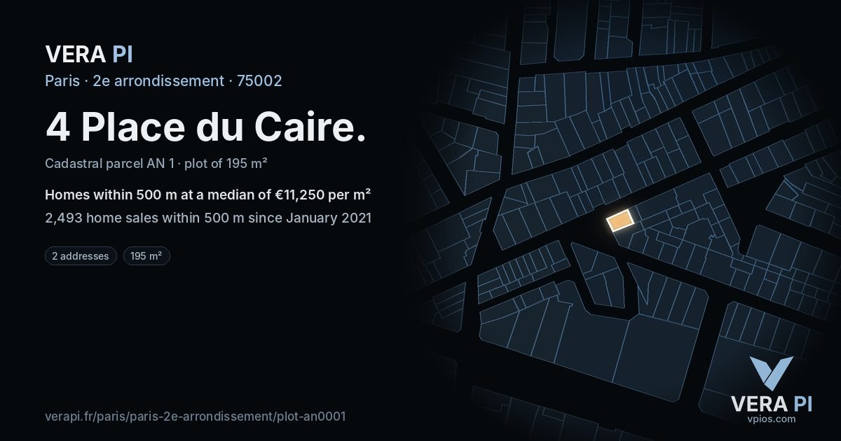 4 Place du Caire, 2e arrondissement at night – the plot lit, the parcels around coloured by the prices near them