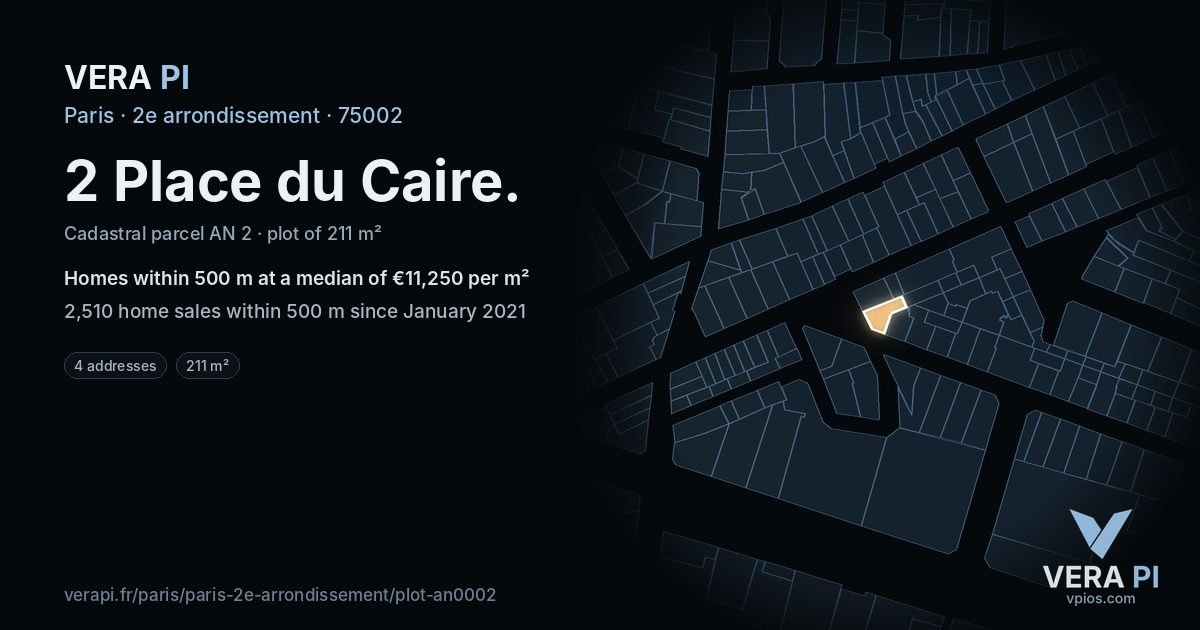 2 Place du Caire, 2e arrondissement at night – the plot lit, the parcels around coloured by the prices near them