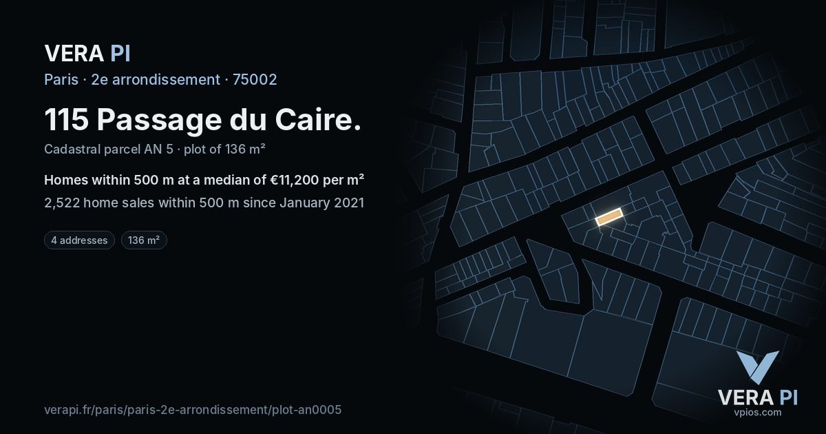 115 Passage du Caire, 2e arrondissement at night – the plot lit, the parcels around coloured by the prices near them