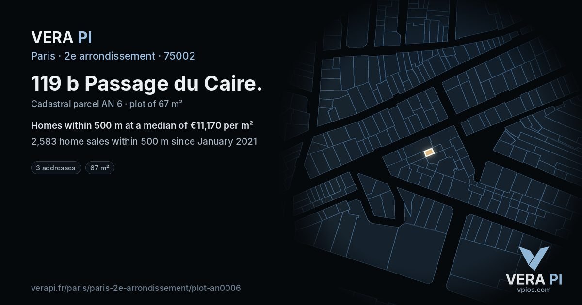 119 b Passage du Caire, 2e arrondissement at night – the plot lit, the parcels around coloured by the prices near them