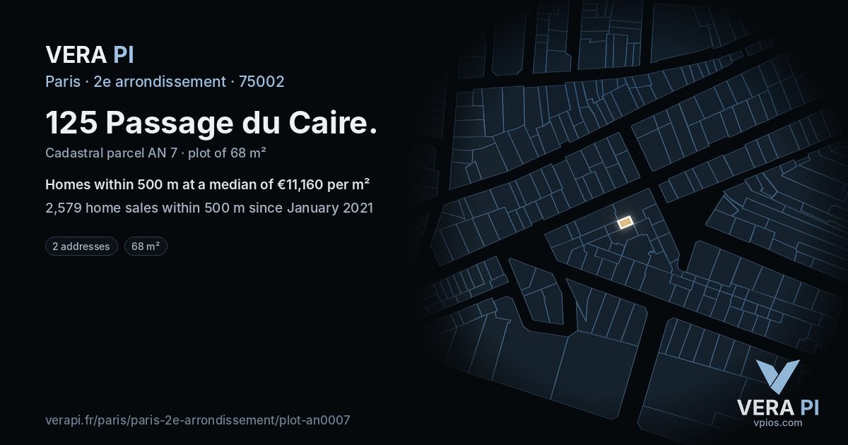 125 Passage du Caire, 2e arrondissement at night – the plot lit, the parcels around coloured by the prices near them