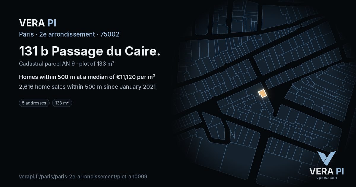 131 b Passage du Caire, 2e arrondissement at night – the plot lit, the parcels around coloured by the prices near them