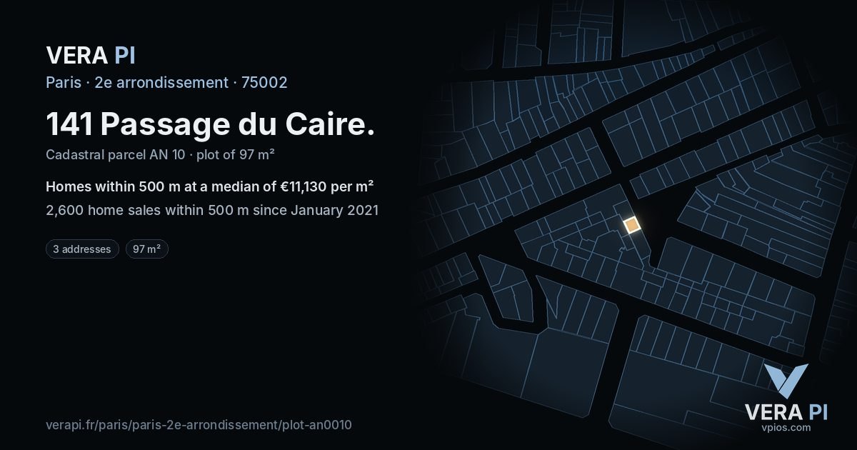 141 Passage du Caire, 2e arrondissement at night – the plot lit, the parcels around coloured by the prices near them