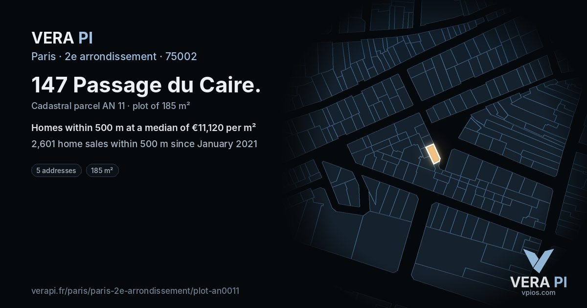 147 Passage du Caire, 2e arrondissement at night – the plot lit, the parcels around coloured by the prices near them