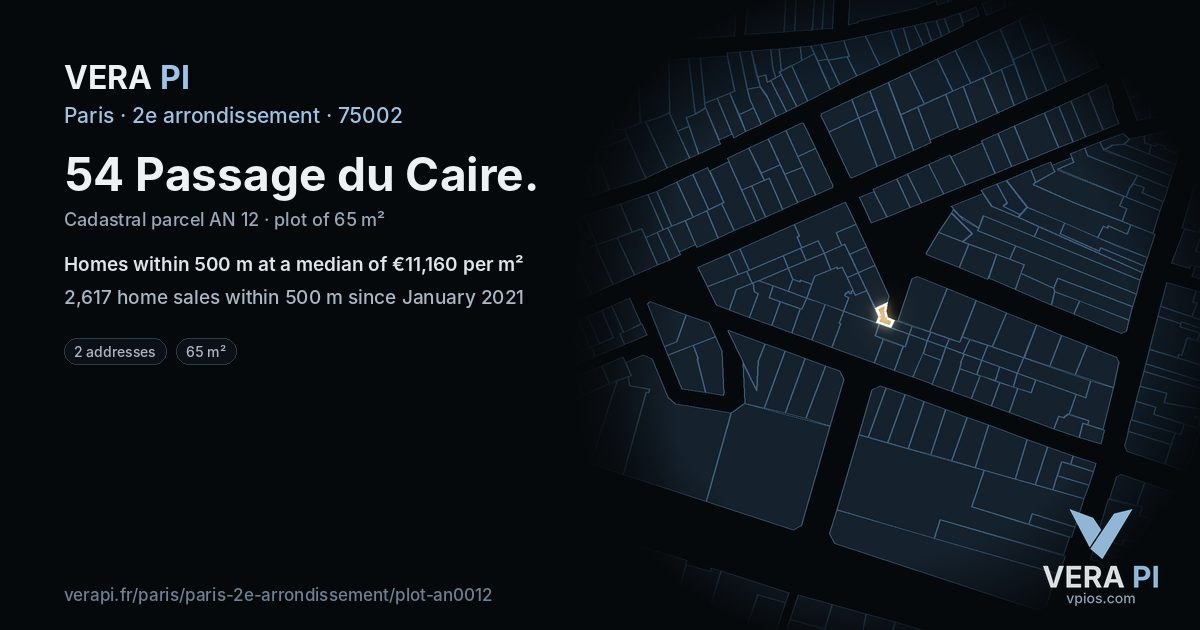 54 Passage du Caire, 2e arrondissement at night – the plot lit, the parcels around coloured by the prices near them