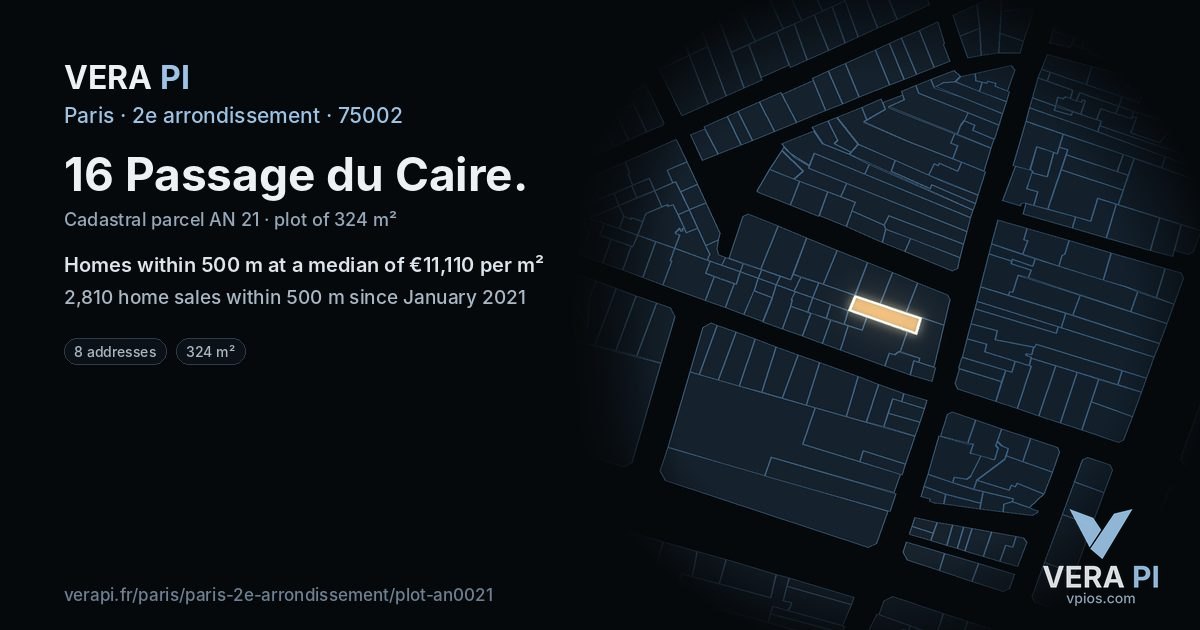 16 Passage du Caire, 2e arrondissement at night – the plot lit, the parcels around coloured by the prices near them
