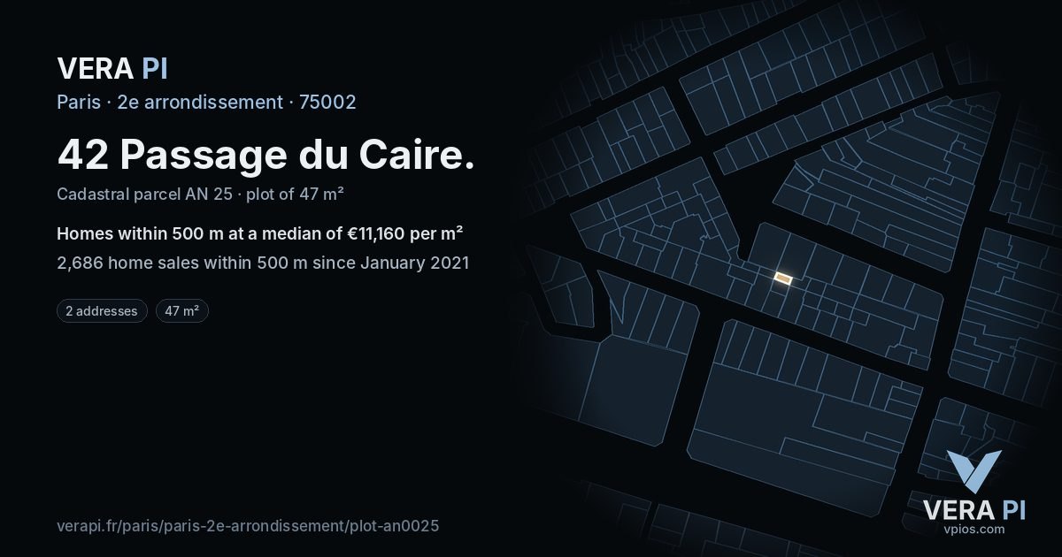 42 Passage du Caire, 2e arrondissement at night – the plot lit, the parcels around coloured by the prices near them