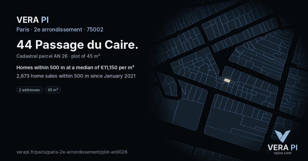 44 Passage du Caire, 2e arrondissement at night – the plot lit, the parcels around coloured by the prices near them