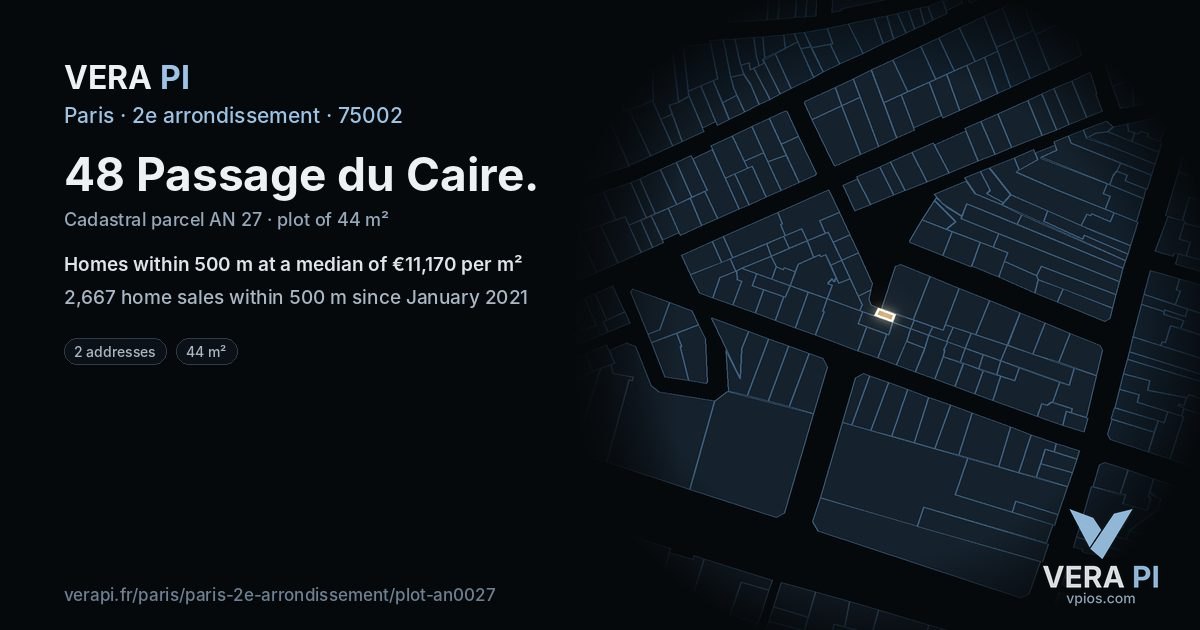 48 Passage du Caire, 2e arrondissement at night – the plot lit, the parcels around coloured by the prices near them