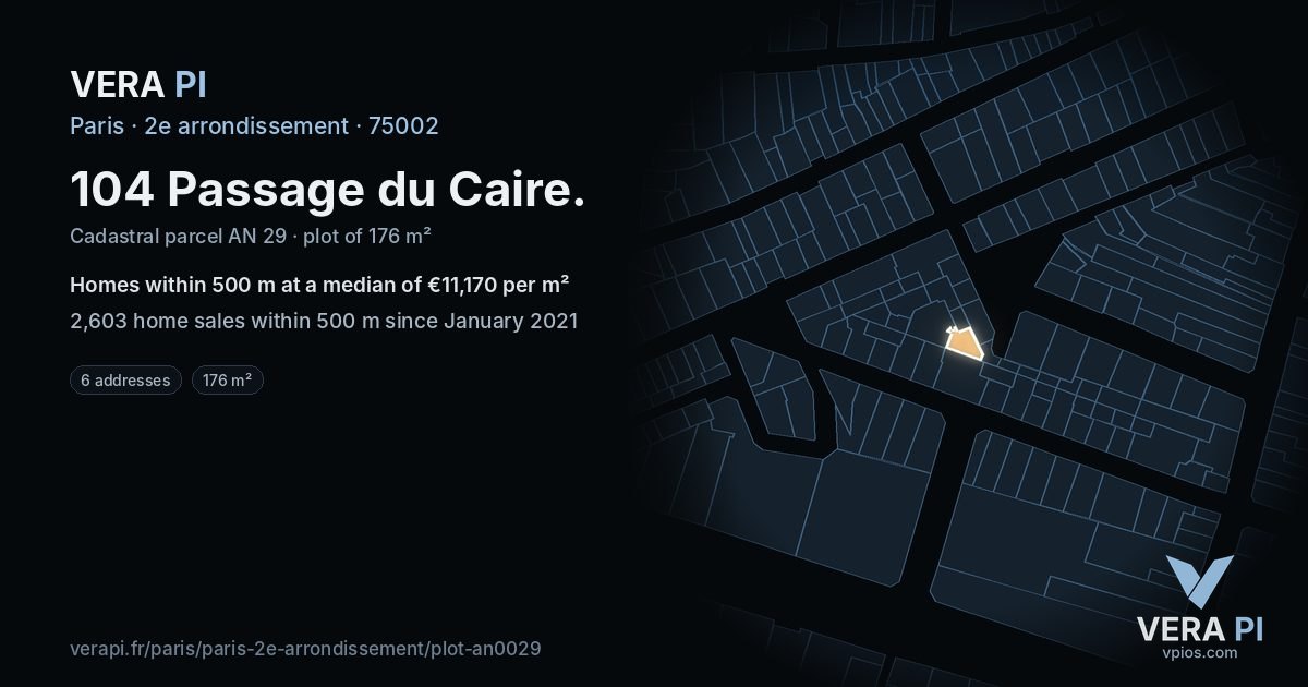 104 Passage du Caire, 2e arrondissement at night – the plot lit, the parcels around coloured by the prices near them