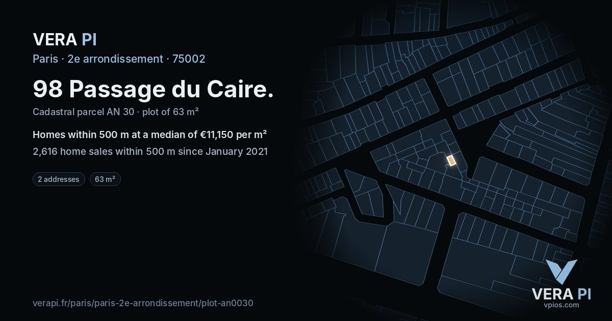 98 Passage du Caire, 2e arrondissement at night – the plot lit, the parcels around coloured by the prices near them