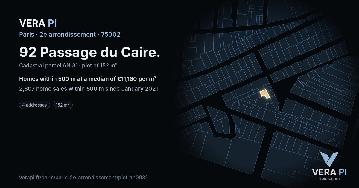 92 Passage du Caire, 2e arrondissement at night – the plot lit, the parcels around coloured by the prices near them