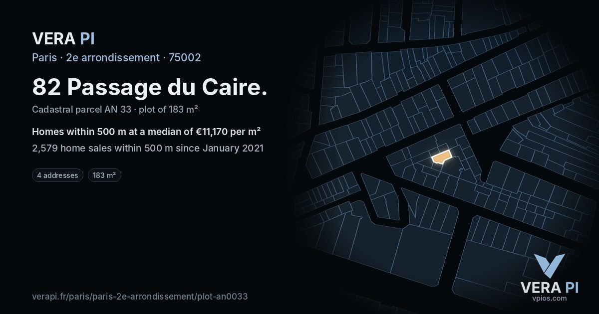 82 Passage du Caire, 2e arrondissement at night – the plot lit, the parcels around coloured by the prices near them