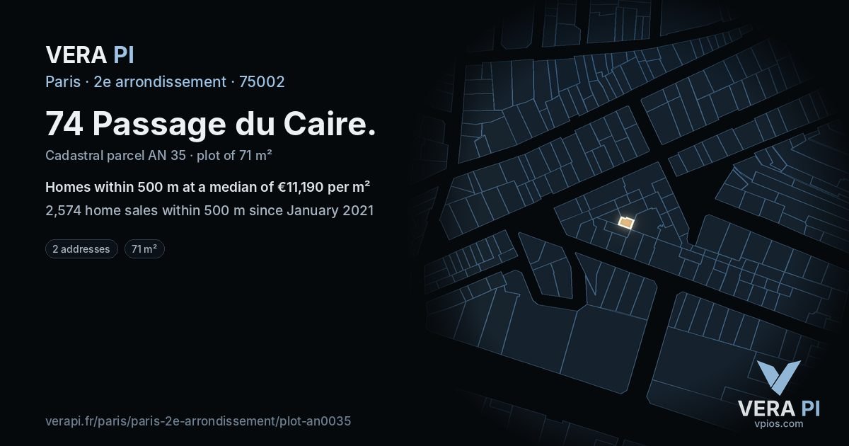 74 Passage du Caire, 2e arrondissement at night – the plot lit, the parcels around coloured by the prices near them
