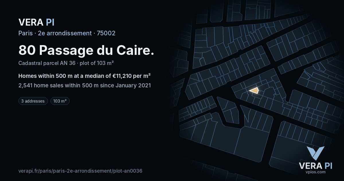 80 Passage du Caire, 2e arrondissement at night – the plot lit, the parcels around coloured by the prices near them