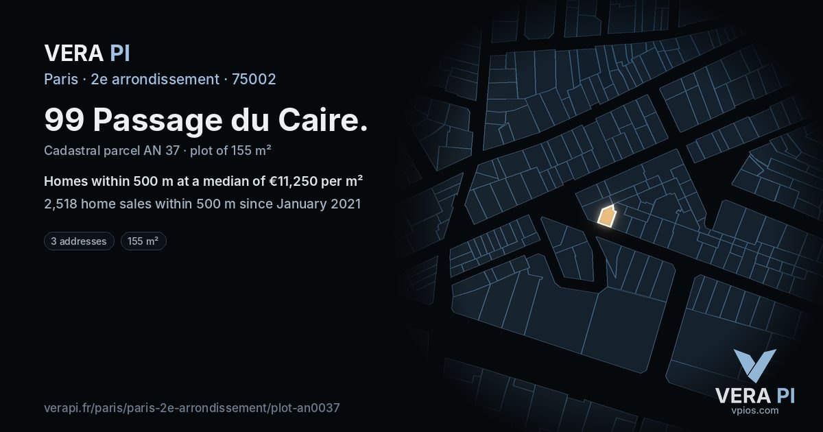 99 Passage du Caire, 2e arrondissement at night – the plot lit, the parcels around coloured by the prices near them