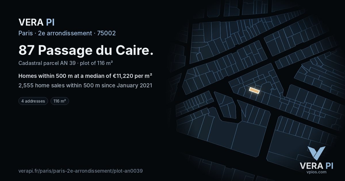 87 Passage du Caire, 2e arrondissement at night – the plot lit, the parcels around coloured by the prices near them
