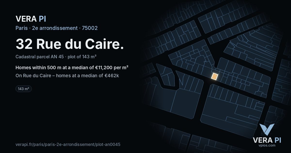 32 Rue du Caire, 2e arrondissement at night – the plot lit, the parcels around coloured by the prices near them