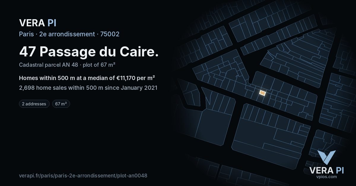 47 Passage du Caire, 2e arrondissement at night – the plot lit, the parcels around coloured by the prices near them