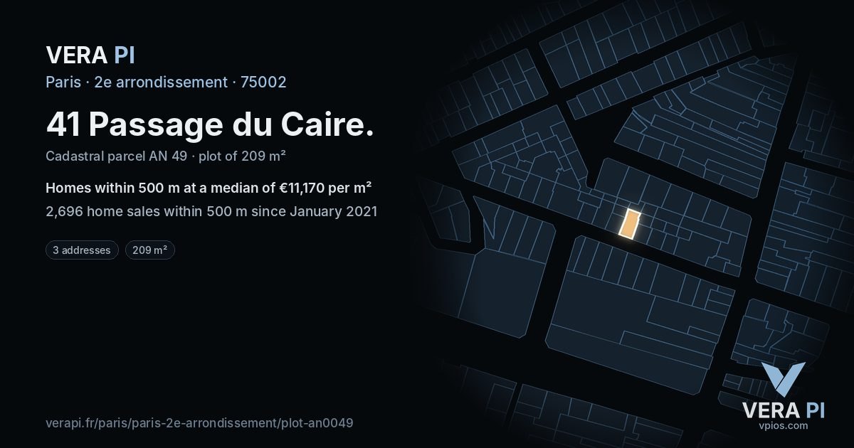 41 Passage du Caire, 2e arrondissement at night – the plot lit, the parcels around coloured by the prices near them