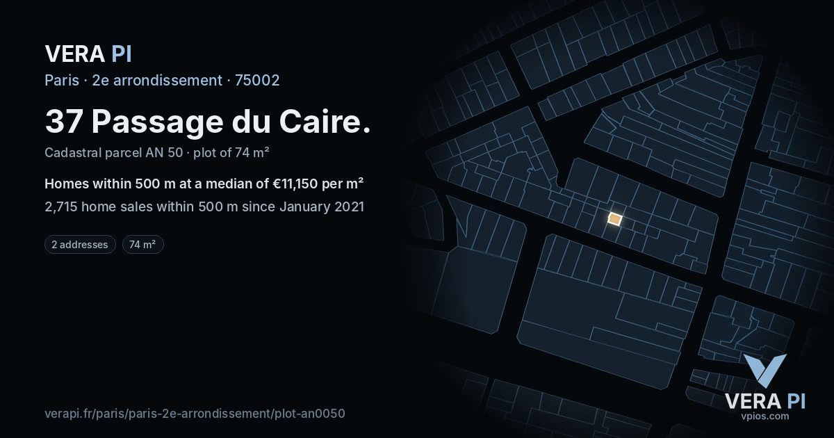 37 Passage du Caire, 2e arrondissement at night – the plot lit, the parcels around coloured by the prices near them