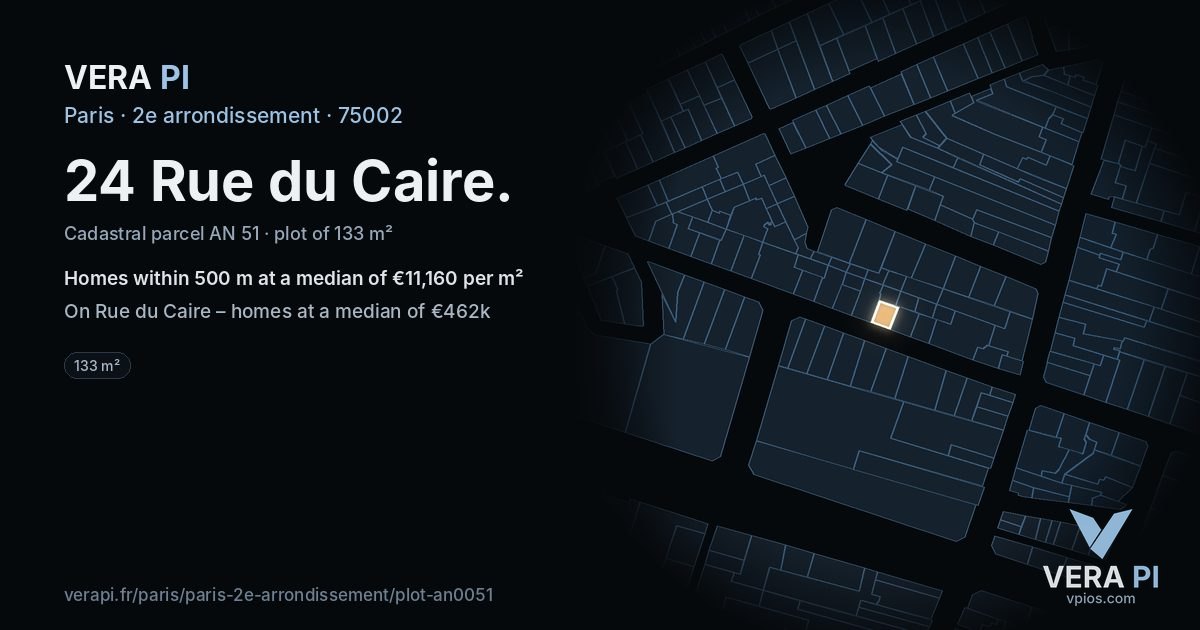 24 Rue du Caire, 2e arrondissement at night – the plot lit, the parcels around coloured by the prices near them
