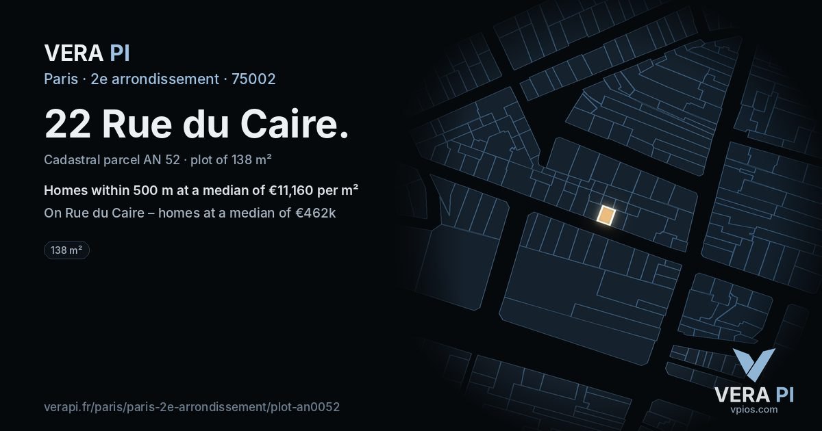 22 Rue du Caire, 2e arrondissement at night – the plot lit, the parcels around coloured by the prices near them