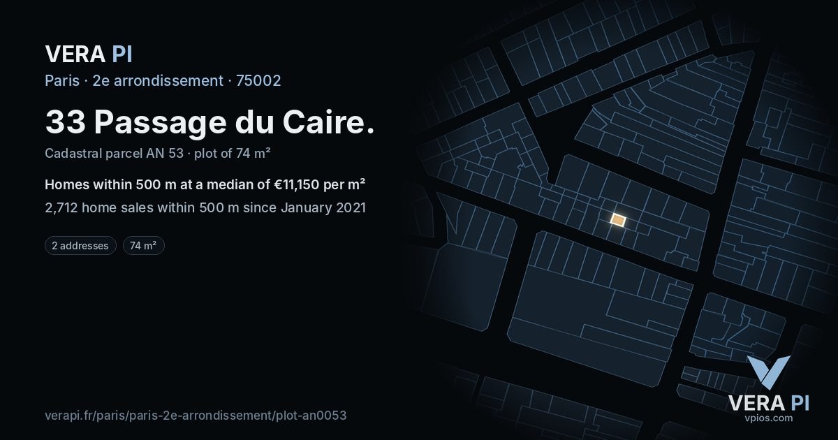 33 Passage du Caire, 2e arrondissement at night – the plot lit, the parcels around coloured by the prices near them