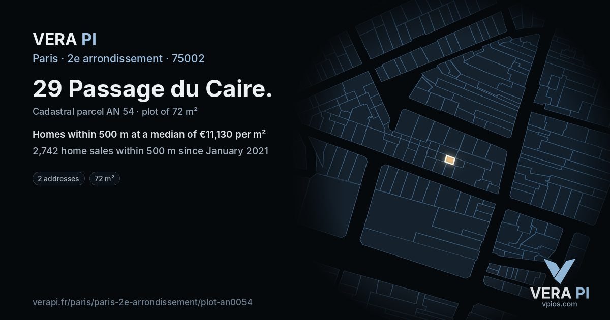 29 Passage du Caire, 2e arrondissement at night – the plot lit, the parcels around coloured by the prices near them