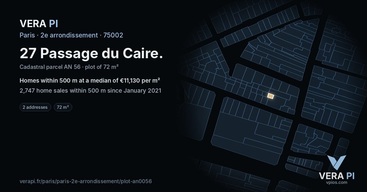 27 Passage du Caire, 2e arrondissement at night – the plot lit, the parcels around coloured by the prices near them