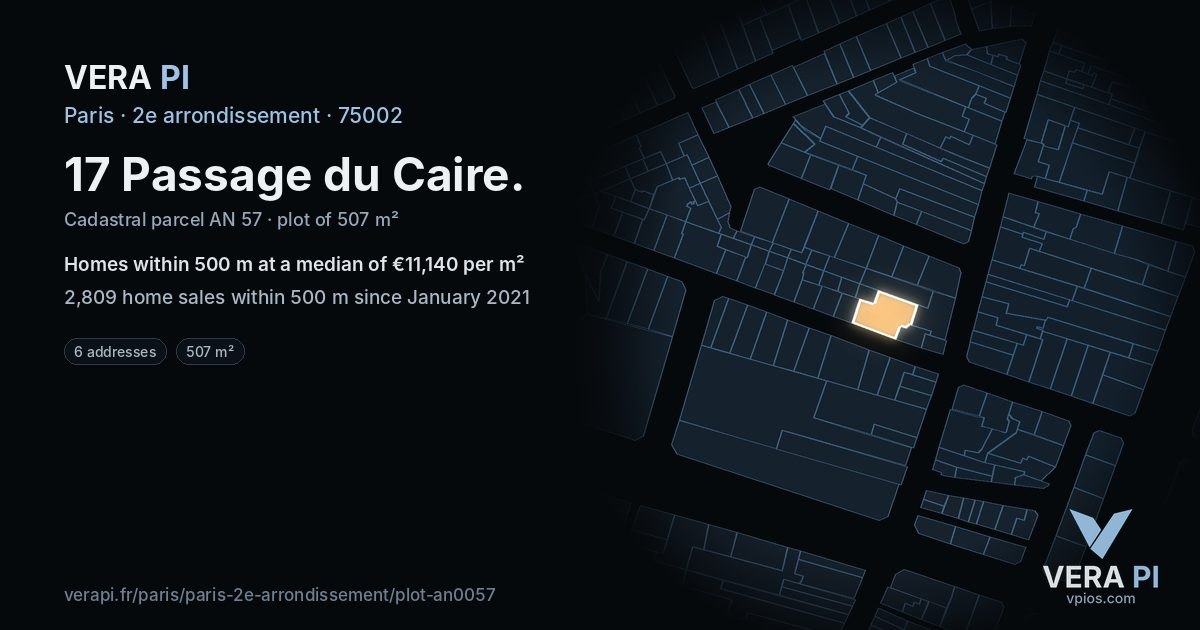 17 Passage du Caire, 2e arrondissement at night – the plot lit, the parcels around coloured by the prices near them
