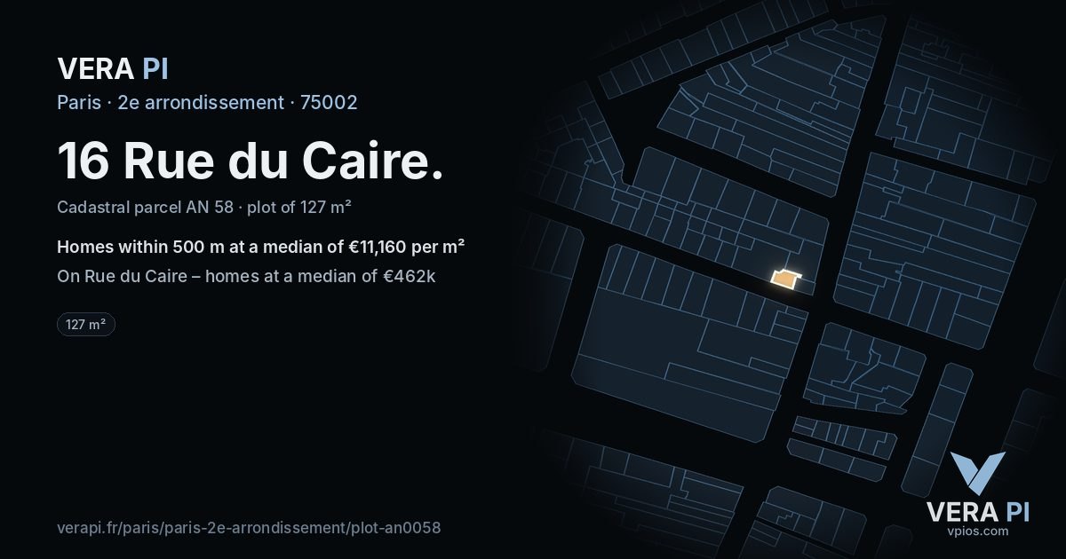 16 Rue du Caire, 2e arrondissement at night – the plot lit, the parcels around coloured by the prices near them