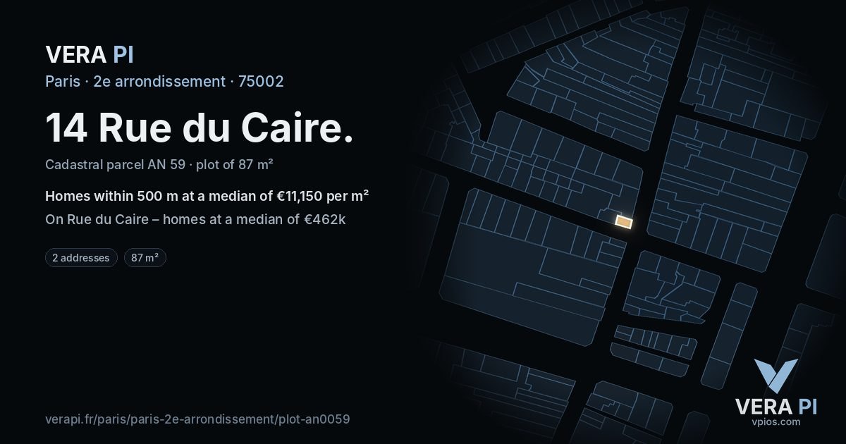 14 Rue du Caire, 2e arrondissement at night – the plot lit, the parcels around coloured by the prices near them