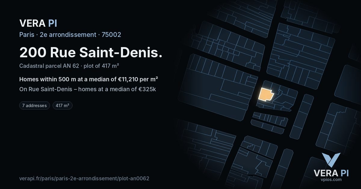 200 Rue Saint-Denis, 2e arrondissement at night – the plot lit, the parcels around coloured by the prices near them
