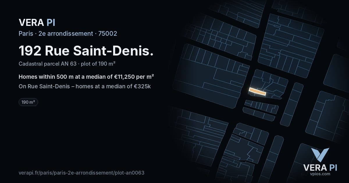 192 Rue Saint-Denis, 2e arrondissement at night – the plot lit, the parcels around coloured by the prices near them