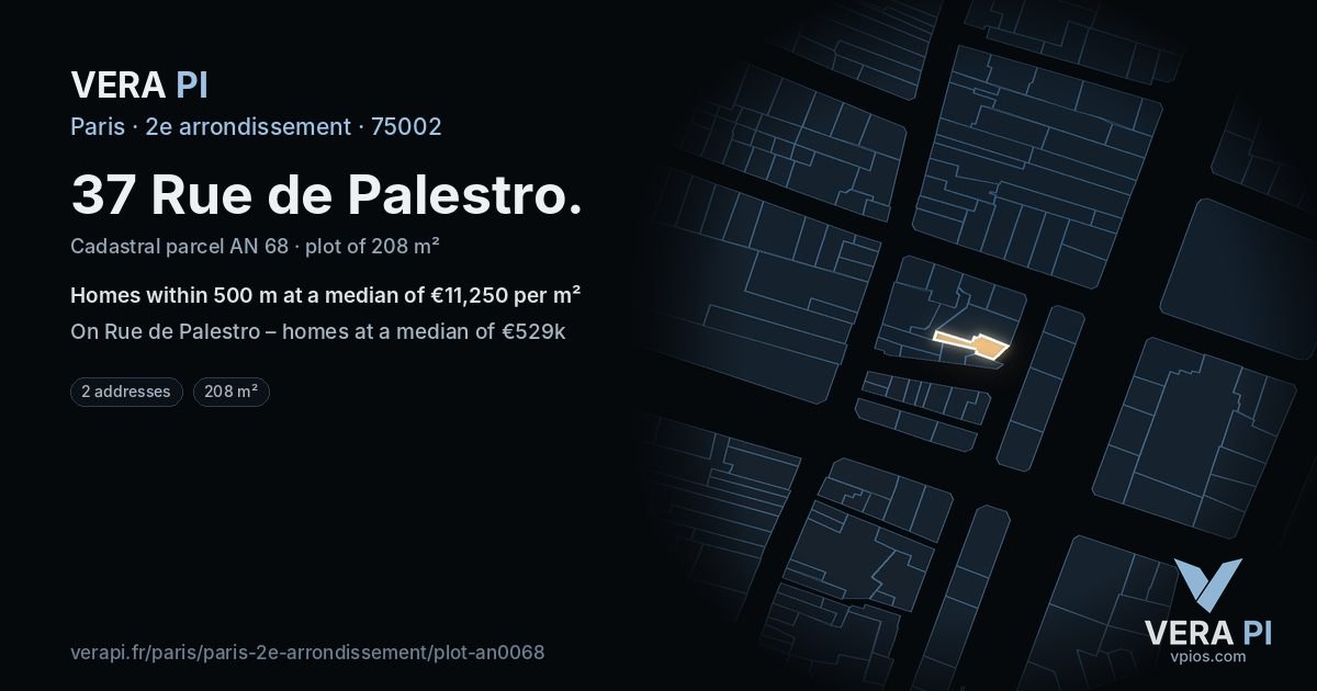 37 Rue de Palestro, 2e arrondissement at night – the plot lit, the parcels around coloured by the prices near them