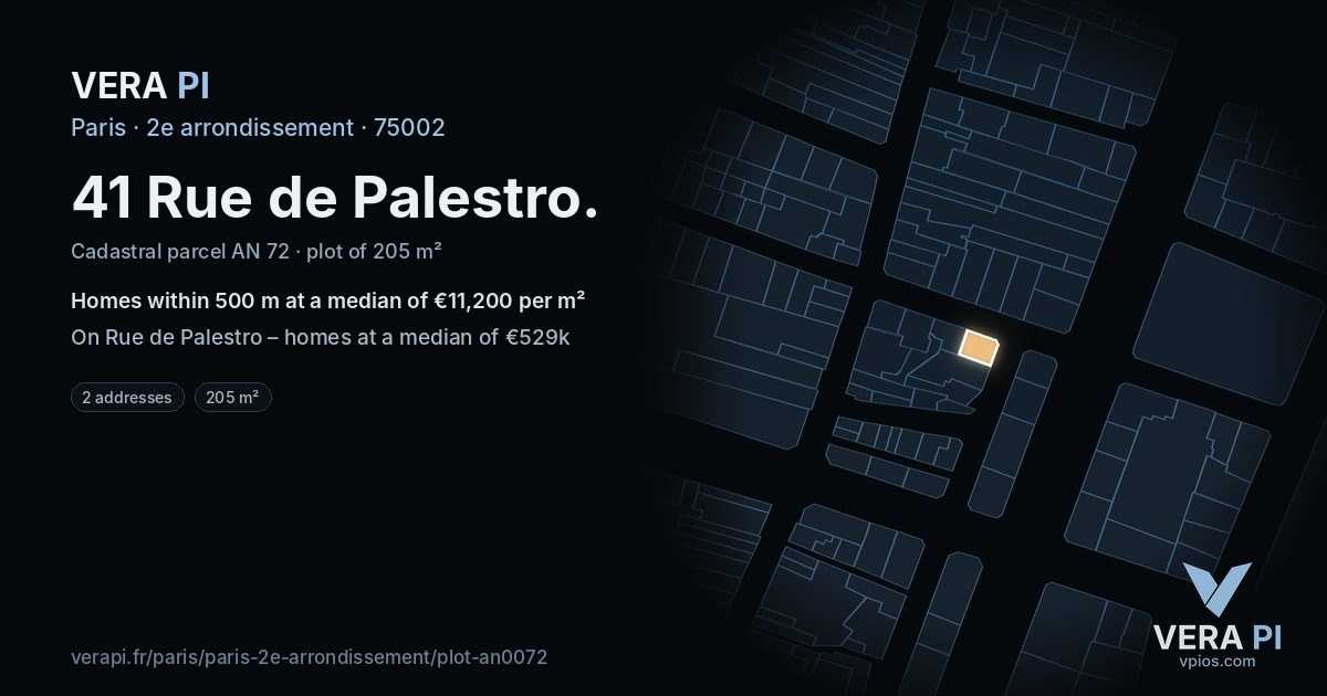 41 Rue de Palestro, 2e arrondissement at night – the plot lit, the parcels around coloured by the prices near them