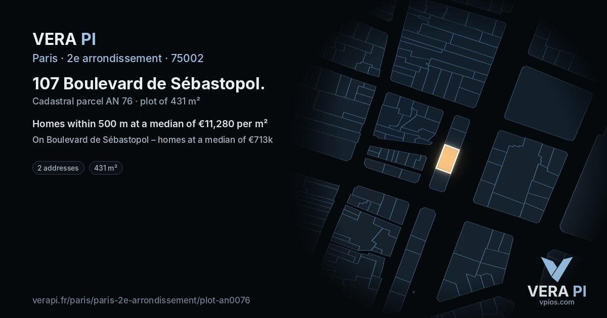 107 Boulevard de Sébastopol, 2e arrondissement at night – the plot lit, the parcels around coloured by the prices near them