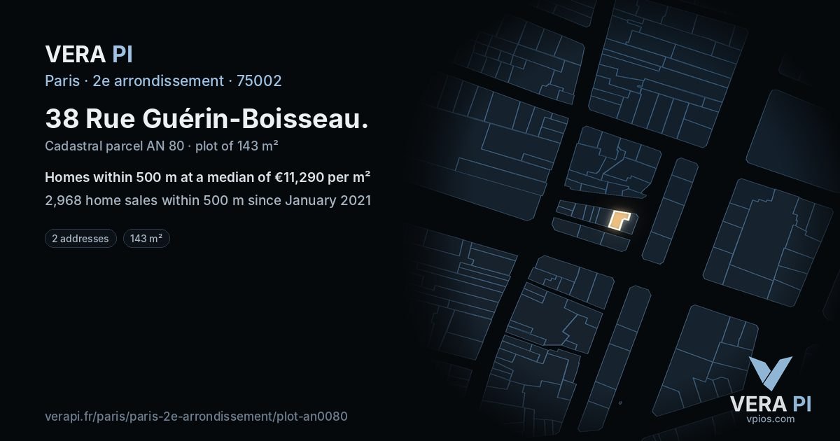 38 Rue Guérin-Boisseau, 2e arrondissement at night – the plot lit, the parcels around coloured by the prices near them