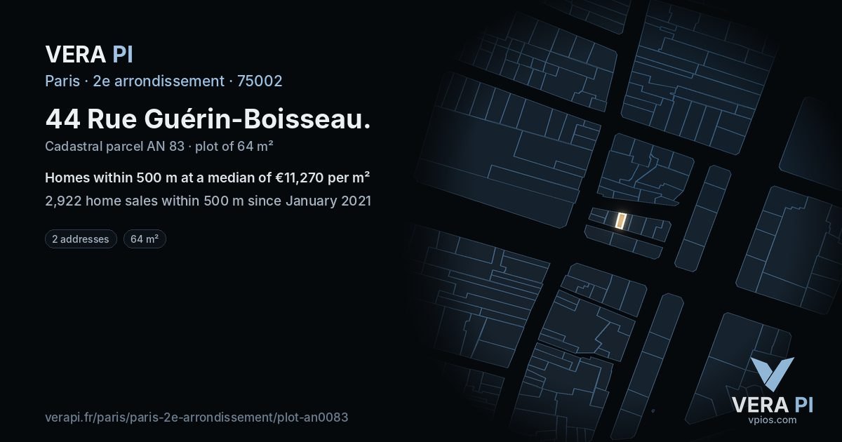 44 Rue Guérin-Boisseau, 2e arrondissement at night – the plot lit, the parcels around coloured by the prices near them