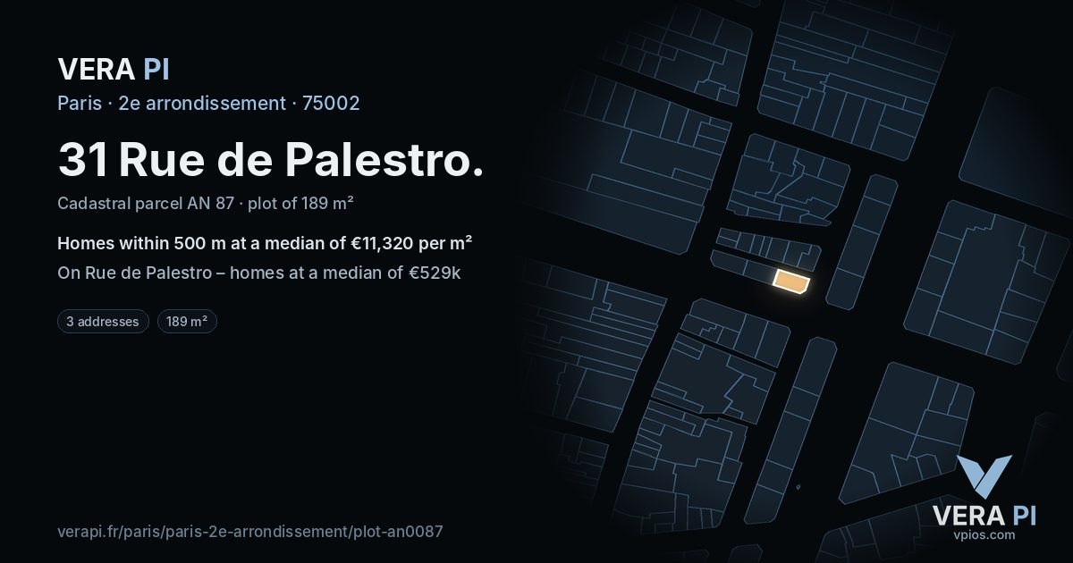 31 Rue de Palestro, 2e arrondissement at night – the plot lit, the parcels around coloured by the prices near them