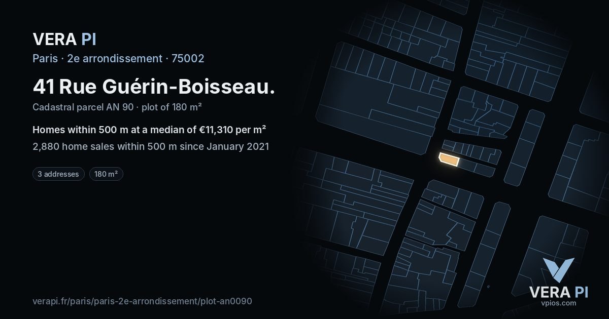 41 Rue Guérin-Boisseau, 2e arrondissement at night – the plot lit, the parcels around coloured by the prices near them