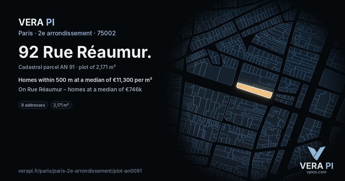 92 Rue Réaumur, 2e arrondissement at night – the plot lit, the parcels around coloured by the prices near them