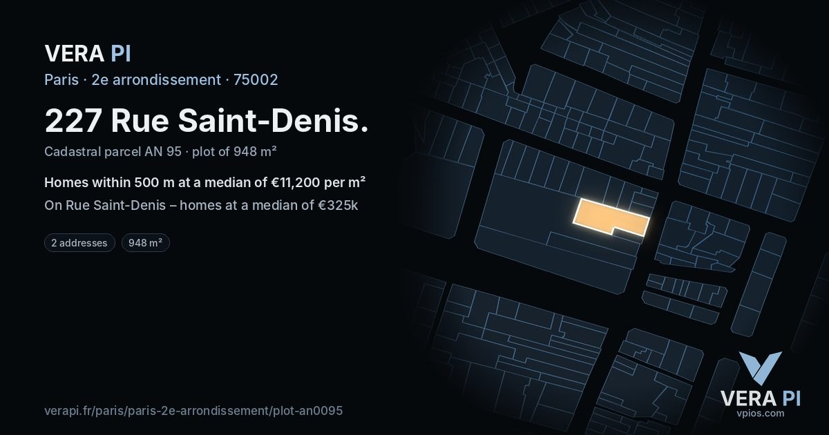227 Rue Saint-Denis, 2e arrondissement at night – the plot lit, the parcels around coloured by the prices near them
